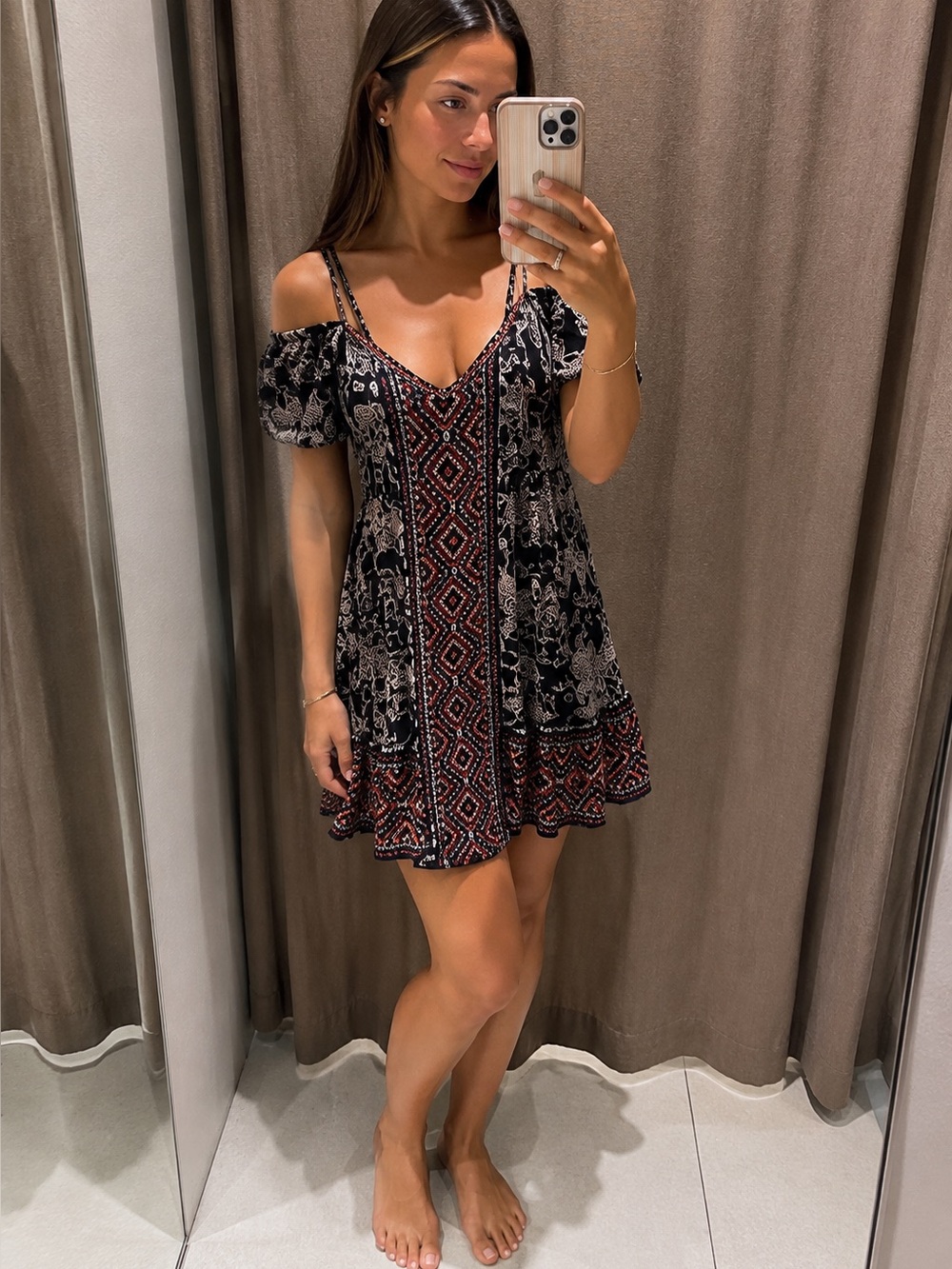 Boho Off Shoulder Floral Paisley Mini Dress Navy Burgundy Festival Small